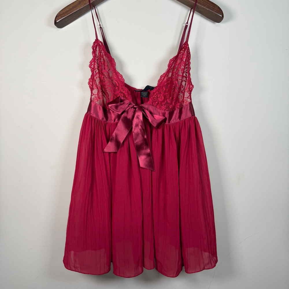 Victoria Secret Maroon Pleated Babydoll Lace Cup Satin Bow Chemise Dress Large